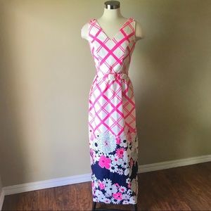 Vintage 70s Mod Hot Pink Plaid Floral Maxi Dress